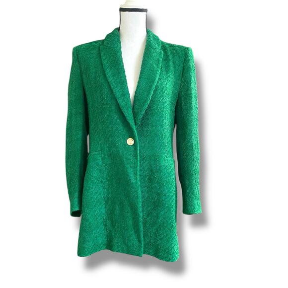 Zara Boucle Tweed Blazer Jacket Fits Sz S/M Green Notched Collar Single Button - Picture 1 of 12